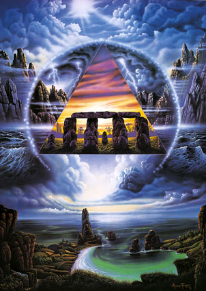 A painting of the stonehenge and other ancient symbols.