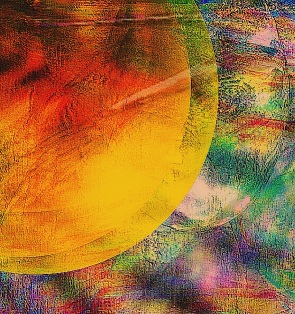 A painting of an orange sun with some green and purple in it