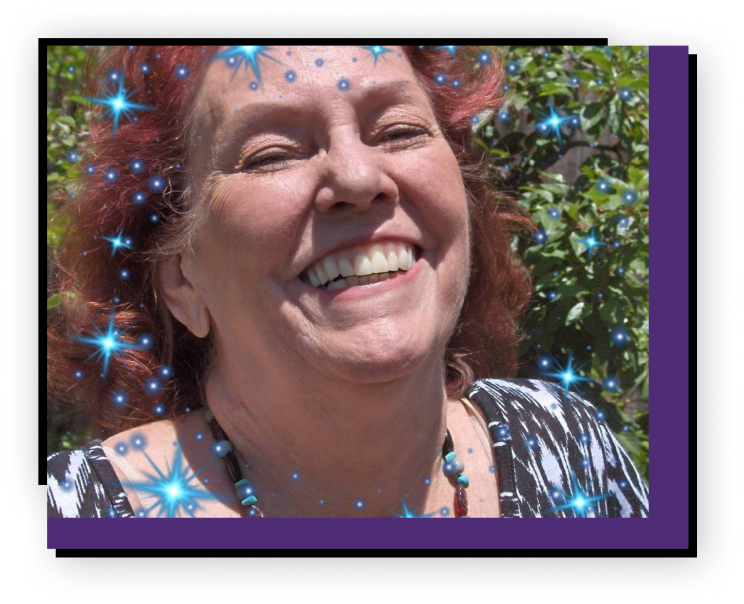 A woman smiling with purple and blue stars in the background.