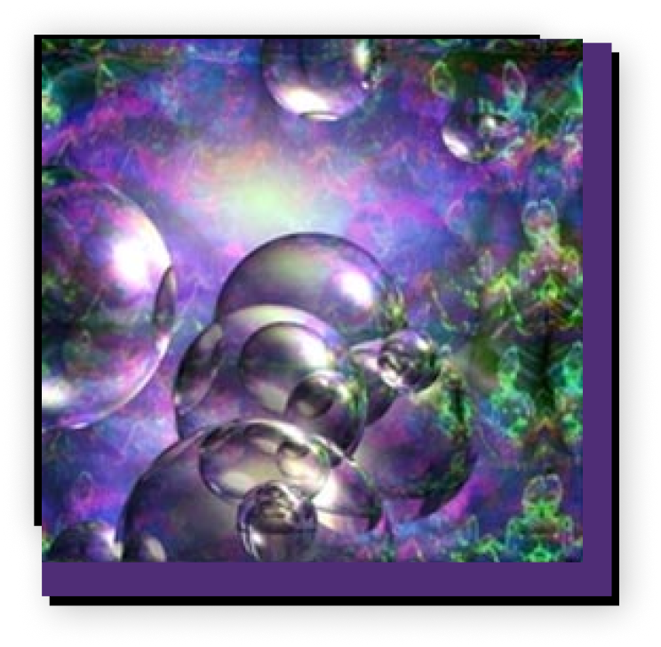 A picture of bubbles in the air with purple and green background.