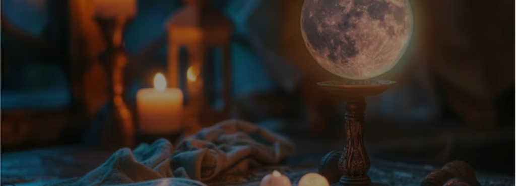 A table with candles and an illuminated globe.