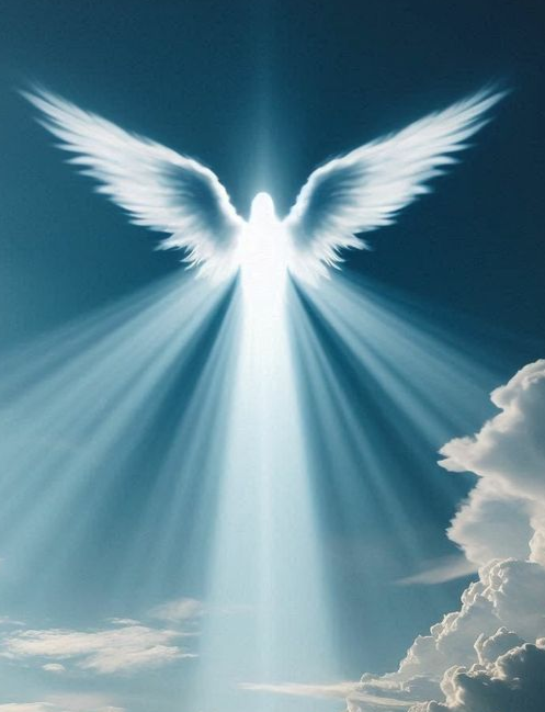 A white angel with wings spread and rays of light shining through.